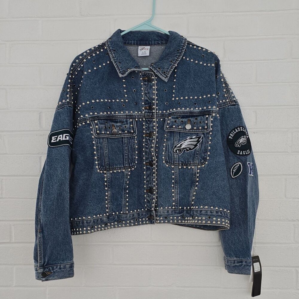 200$ G-III by Carl Banks Women's Philadelphia Eagles Studded Button Jacket Sz. L